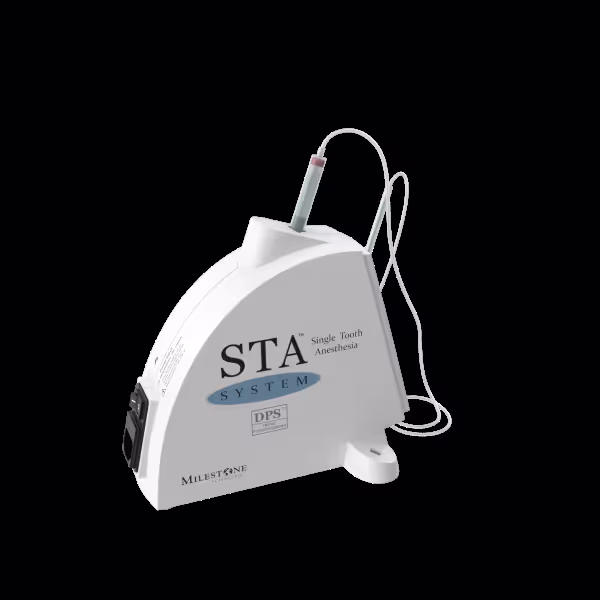 STA System Single Tooth Anesthesia device with connected syringe and tubing on a black background.
