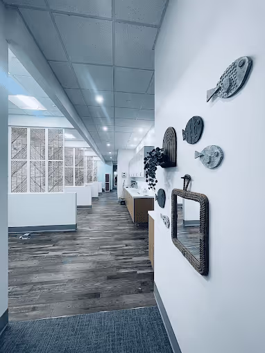 Modern office interior with white walls, wooden floor, ceiling lights, and fish-shaped wall decorations including a mirror.
